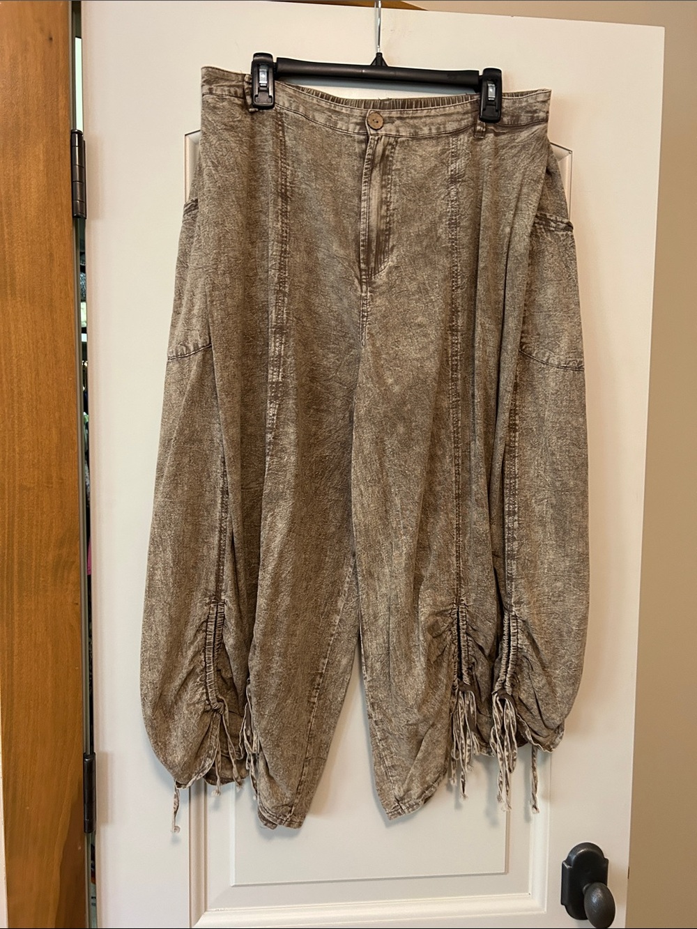 Oli & Hali Washed Brown Capris with Drawstring Hems. lightweight for Summer